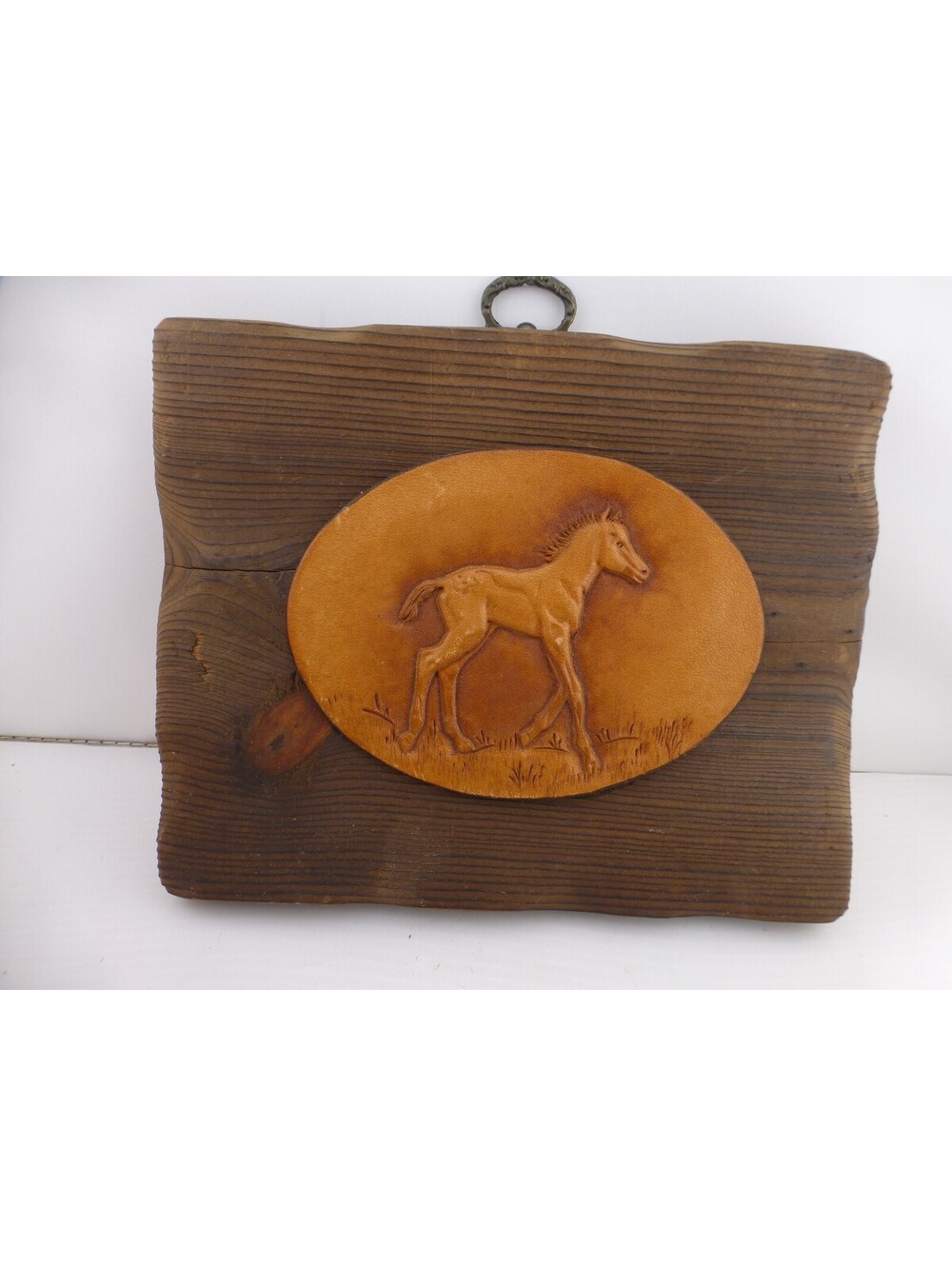 Vintage Hand Tooled Leather Colt Foal Horse Art Wood Plaque Wall Hanging Q2